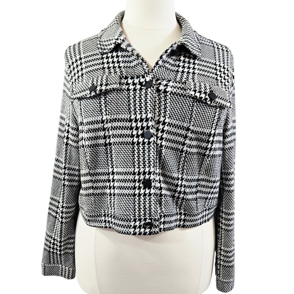 Torrid Black White Plaid Houndstooth Trucker Button-Up Jacket Cropped Stretch
